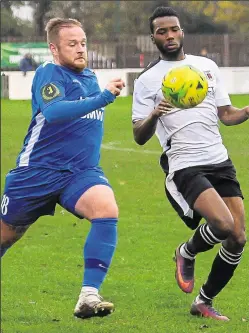  ?? Pictures: Alan Langley FM21787719, FM21787709 ?? Above, Faversham goalscorer Anthony Adesite. Below left, Luke Griffiths under pressure from Three Bridges