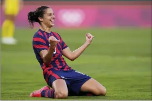  ?? FERNANDO VERGARA — THE ASSOCIATED PRESS ?? Carli Lloyd of the United States celebrates scoring her side’s 4th goal against Australia in the women’s bronze medal match at the 2020 Summer Olympics in Kashima, Japon.