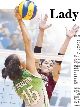  ?? MIGUEL DE GUZMAN ?? DLSU Lady Spikers’ Tin Tiamzon spikes over the block of UP Lady Maroons’ Isa Molde during their match for the UAAP Season 79 Women’s Volleyball at the FilOil Flying V Center in San Juan City yesterday.