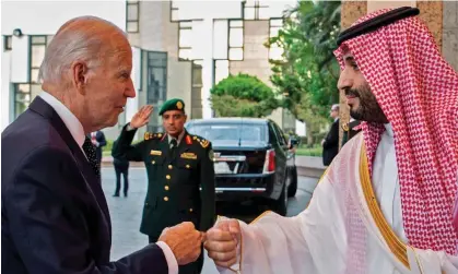  ?? Photograph: Bandar Al-Jaloud/Saudi Royal Palace/AFP/Getty Images ?? Crown Prince Mohammed bin Salman greets Joe Biden in Jeddah in July. The US president has reiterated his pledge to take action over Riyadh’s decision to cut output.