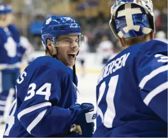  ?? CHRISTOPHE­R KATSAROV/THE CANADIAN PRESS ?? Auston Matthews leads Leafs forwards in blocked shots with 54, a stat goalie Frederik Andersen can appreciate.