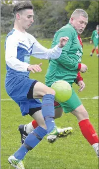  ?? Pictures: Paul Amos FM4567965 above, FM4567984 right ?? Bromley Green (blue) in action during their 7-0 win against Lydd Town 3rds in the Ashford Saturday League Premier Division