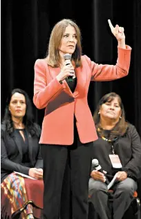  ?? Tim Hynds / Associated Press ?? Marianne Williamson speaks Monday in the Frank LaMere Native American Presidenti­al Forum in Sioux City, Iowa.
