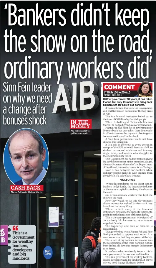  ??  ?? CASH BACK Fianna Fail leader Micheal Martin
IN THE MONEY AIB top brass set to get bonuses again