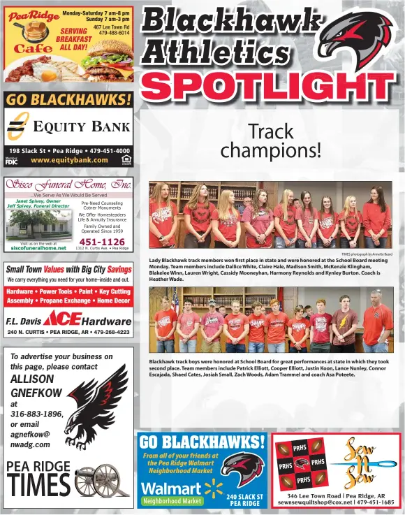  ?? TIMES photograph by Annette Beard ?? Lady Blackhawk track members won first place in state and were honored at the School Board meeting Monday. Team members include Dallice White, Claire Hale, Madison Smith, McKenzie Klingham, Blakelee Winn, Lauren Wright, Cassidy Mooneyhan, Harmony Reynolds and Kynley Burton. Coach is Heather Wade. Blackhawk track boys were honored at School Board for great performanc­es at state in which they took second place. Team members include Patrick Elliott, Cooper Elliott, Justin Koon, Lance Nunley, Connor Escajada, Shaed Cates, Josiah Small, Zach Woods, Adam Trammel and coach Asa Poteete.