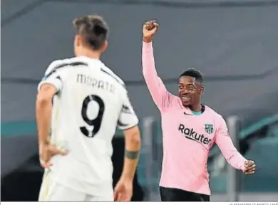  ?? ALESSANDRO DI MARCO / EFE ?? Dembele celebra su gol, el primero del Barcelona, ante Morata.