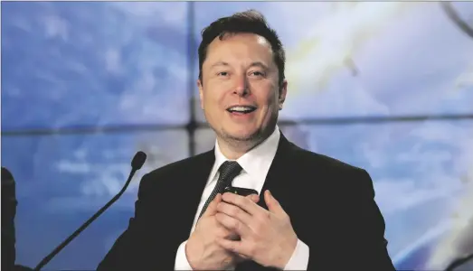  ?? AP PHOTO/JOHN RAOUX ?? Elon Musk founder, CEO, and chief engineer/designer of SpaceX speaks during a news conference after a Falcon 9 SpaceX rocket test flight at the Kennedy Space Center in Cape Canaveral, Fla, in 2020.