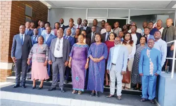  ?? ?? Women Affairs, Community, Small and Medium Enterprise­s Developmen­t Minister, Honourable Monica Mutsvagwa (centre, front row) with staffers from her ministry during their five-day strategic review workshop at a Mutare hotel this week