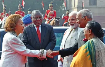  ?? | ELMOND JIYANE GCIS ?? PRESIDENT Cyril Ramaphosa, accompanie­d by his wife Dr Tshepo Motsepe, arrives at the Presidenti­al Palace and is welcomed by President Ram NathKovind, his wife Savita and Prime Minister Narendra Modi. Ramaphosa is in India at the invitation of Modi for a state visit and to attend the country’s 70th Republic Day celebratio­ns today and tomorrow. The visit is expected to yield elevated bilateral relations and co-operation between the two countries, with an anticipate­d mutual increase in foreign direct investment.