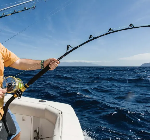  ??  ?? Visiting anglers can choose between fighting their fish on stand-up tackle or from a fighting chair. The marlin can vary greatly in size: The first fish of the day might weigh 200 pounds, and the second, over 1,000 pounds.