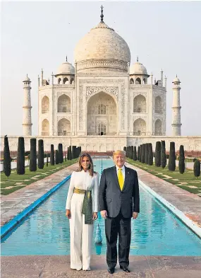  ??  ?? Namaste Trump
Donald Trump and his wife Melania at the Taj Mahal in Agra which was closed to tourists for his visit. The US president earlier spoke at a “Namaste Trump” (Welcome Trump) rally in front of more than 100,000 people in the Sardar Patel Stadium in Ahmedabad, the home of Narandra Modi, India’s prime minister. It was the largest rally crowd of Mr Trump’s political career.