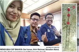  ?? SEPTINDA AYU/JAWA POS ?? MENGUBAH ZAT BAHAYA: Dari kanan, Alvin Rahmad, Rahadian Abdul, dan Ulva Tri Ita menciptaka­n katalitik konverter (insert).