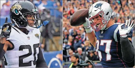  ?? [ASSOCIATED PRESS FILE PHOTOS] ?? At left, Jaguars cornerback Jalen Ramsey (20) gestures during the first half of a game against the Giants on Sept. 9 in East Rutherford, N.J. At right, also on Sept. 9, Patriots tight end Rob Gronkowski (87) celebrates his touchdown against the Texans during the first half of a game in Foxborough, Mass. Ramsey made headlines when he told ESPN The Magazine last month, “I don’t think Gronk is as great as people think he is.” It’s added some extra fuel to New England’s visit to Jacksonvil­le on Sunday.