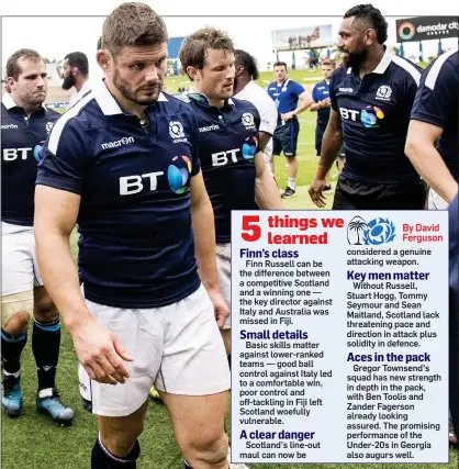  ??  ?? KICK IN TEETH: Ross Ford and his Scots team-mates trudge down the tunnel after stinging defeat by Fiji in the final Test