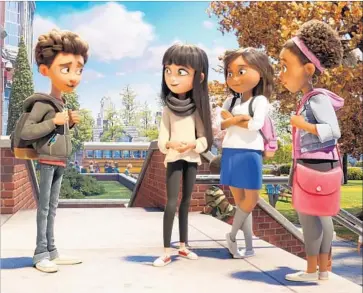  ?? Images by Sony Pictures Entertainm­ent ?? ALEX (JAKE T. AUSTIN) and his crush, Addie (Tati Gabrielle), with her friends in “The Emoji Movie.”