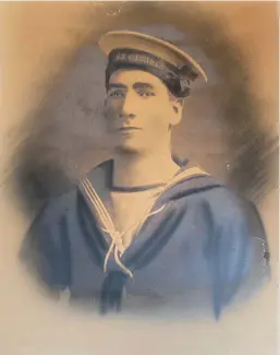  ?? ?? George Lacey, in uniform, wearing the cap tally for RMS Caesarea, one of the London & South Western Railway steamers