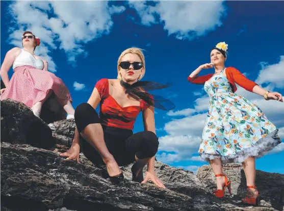  ?? Picture: JOHN GASS ?? Candice Lees, Cherie Richards and Emma Mason are dressed to impress at the Rods and Rockabilly Festival to be held at Miami Tavern today.