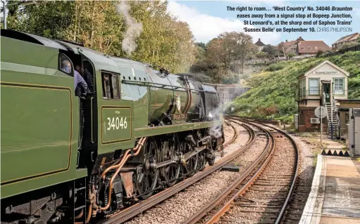  ?? CHRIS PHILIPSON ?? The right to roam… ‘West Country’ No. 34046 Braunton eases away from a signal stop at Bopeep Junction, St Leonard’s, at the sharp end of Saphos Trains’ ‘Sussex Belle’ on September 10.