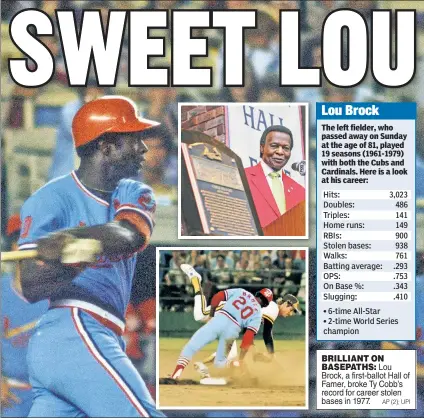  ?? AP (2); UPI ?? BRILLIANT ON BASEPATHS: Lou Brock, a first-ballot Hall of Famer, broke Ty Cobb’s record for career stolen bases in 1977.