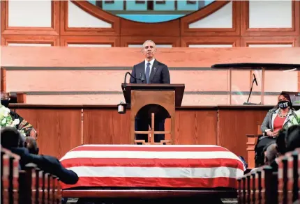  ?? POOL PHOTO BY ALYSSA POINTER ?? Former Presidents Barack Obama, Bill Clinton and George W. Bush were among speakers at John Lewis’ funeral in Atlanta on Thursday. Obama called for expanding early voting and making Election Day a holiday.