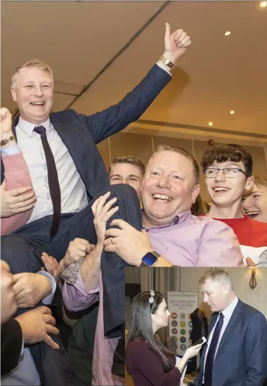  ??  ?? Deputy Martin Kenny is held aloft following his election on the first count on Sunday night. Pic: Donal Hackett. (Inset) Deputy Kenny being interviewe­d by Jessica Farry of The Sligo Champion.