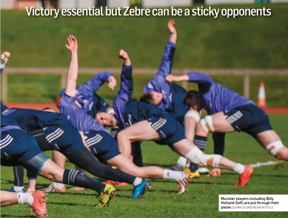  ?? DIARMUID GREENE/SPORTSFILE ?? Munster players including Billy Holland (left) are put through their paces