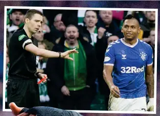 ??  ?? Twists and turns: Morelos with boss Gerrard (top left), sent off at Parkhead (above) and Smith with Gazza (below)