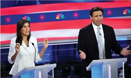  ?? ?? Nikki Haley and Ron DeSantis at the debate in Miami on Wednesday night. Photograph: Mandel Ngan/AFP/Getty Images