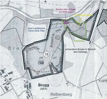  ?? FOTO: GVW ?? So sieht die neue Streckenfü­hrung des Trimm-Dich-Pfads aus, nachdem die Brücke nicht mehr vorhanden ist. Gelb skizziert sind die neuen Standorte für die beiden Geräte.