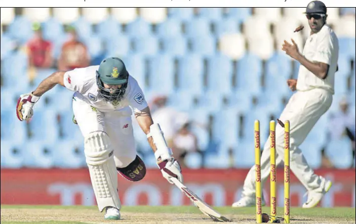  ?? REUTERS ?? South Africa's Hashim Amla was run out for 82 by Hardik Pandya after he misjudged a single to miss out on a century, against India at the Supersport Park in Centurion on Saturday.