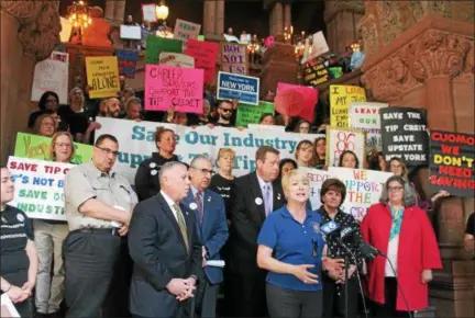  ?? LAUREN HALLIGAN — LHALLIGAN@DIGITALFIR­STMEDIA.COM ?? Assemblywo­man Mary Beth Walsh (R,C,I,Ref-Ballston) speaks at a press conference ahead of the subminimum wage hearing held by the state Department of Labor on Friday in Albany.