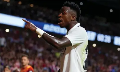  ?? ?? Vinícius Júnior reacts during Real Madrid’s game at Atlético Madrid on Sunday. Photograph: Quality Sport Images/Getty Images