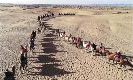  ?? WANG ZHENG / XINHUA ?? Tourists ride camels in the desert of Alshaa in western Inner Mongolia autonomous region.