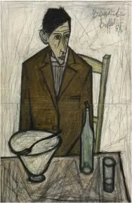  ??  ?? Dans ce célèbre tableau, Buffet, grand amateur de vins et d’eaux-de-vie, montre la fragilité de l’homme face à la bouteille vide. Le Buveur, 1948, huile sur toile, 100 x 65 cm, Musée d’Art Moderne de la Ville de Paris.