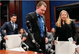  ?? Andrew Harnik/Associated Press ?? Ex-Marine Sgt. Tyler Vargas-Andrews, who lost an arm and a leg in the suicide attack at the Kabul airport, testifies during a House hearing Wednesday on the evacuation from Afghanista­n.