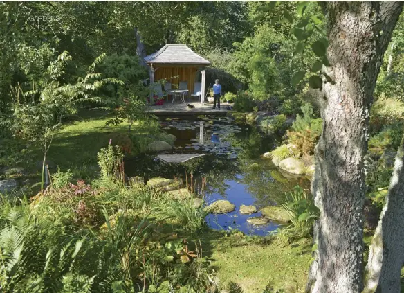  ??  ?? Above: Margaret in front of the Japanese Tea House. Right: The family dachshund, Mr Chips.
Far right: The classical rectangula­r pond was designed by Splash Gordon.