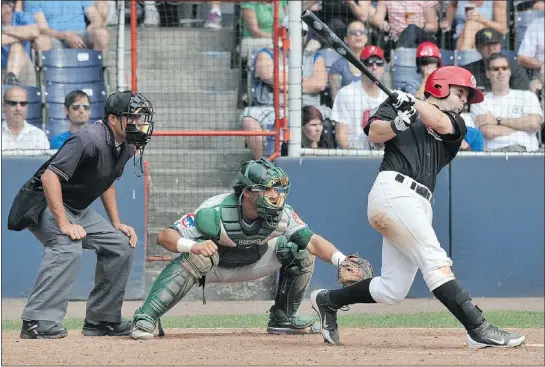  ?? STUART DAVIS/PNG ?? The C’s Matt Newman drives in two runs with a double in Vancouver’s 5-1 win Sunday at Nat Bailey Stadium.