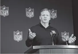  ?? THE ASSOCIATED PRESS ?? Commission­er Roger Goodell answers a question from a reporter during a news conference at the NFL owners meetings Wednesday in Orlando, Fla.