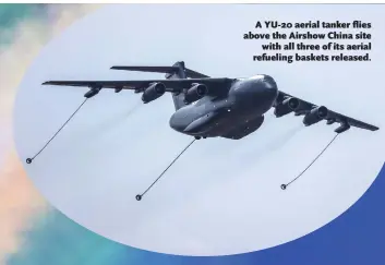  ?? ?? A YU-20 aerial tanker flies above the Airshow China site with all three of its aerial refueling baskets released.