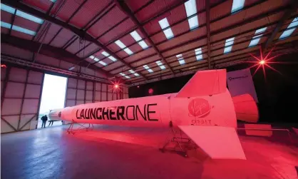  ?? Photograph: Hugh R Hastings/Getty Images ?? The Virgin Orbit Launcher One rocket in its hanger at Newquay airport in August. Spaceport Cornwall is aiming to launch its first satellites in spring of 2022.