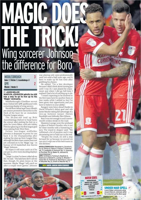  ??  ?? UNDER MAR SPELL Lewis Baker embraces wing wizard Marvin Johnson after he conjured up his Boro goal