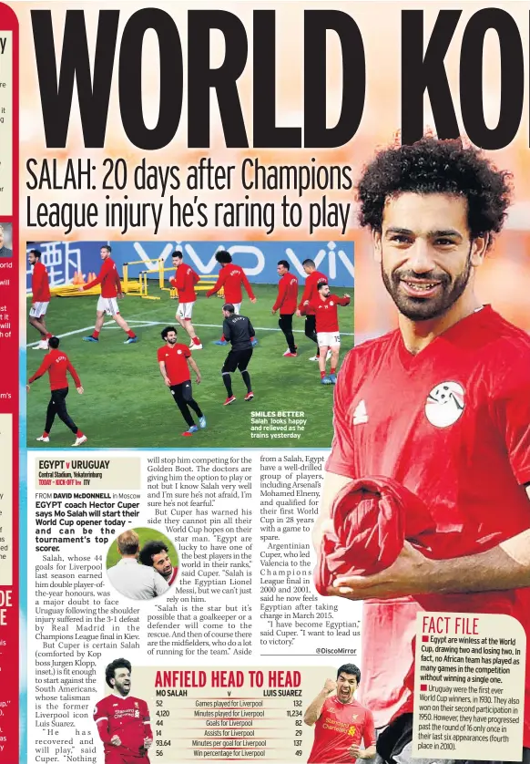  ??  ?? SMILES BETTER Salah looks happy and relieved as he trains yesterday