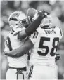  ??  ?? The Panthers’ Drayton Florence, left, celebrates with Thomas Davis after intercepti­ng a 49ers pass in the fourth quarter Sunday.