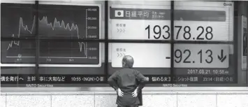  ?? ASSOCIATED PRESS ?? A man looks at an electronic stock board of a securities firm in Tokyo, Monday, August 21, 2017. Asian stocks were mixed Monday as investors monitored joint military drills between US and South Korean forces and awaited a key meeting of central bankers...