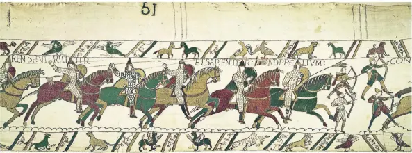  ?? FOTO: DPA ?? Der Teppich von Bayeux zeigt die Schlacht bei Hastings. Die Stickerei auf Leinen stammt aus dem 11. Jahrhunder­t und wird im Museum von Bayeux aufbewahrt.