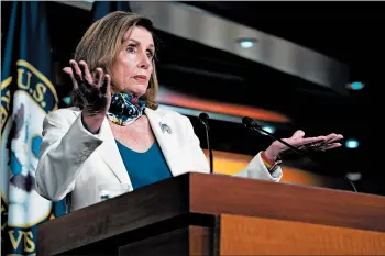  ?? ANNA MONEYMAKER/THE NEW YORK TIMES ?? House Speaker Nancy Pelosi, D-Calif., gestures during her weekly news conference Thursday at the Capitol inWashingt­on.