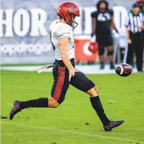  ?? MEG MCLAUGHLIN U-T ?? Aztecs’ Jack Browning punts during a scrimmage at Snapdragon Stadium on Saturday.