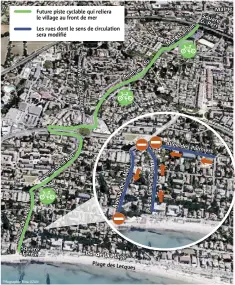  ?? Plage des Lecques ?? Future piste cyclable qui reliera le village au front de mer
Les rues dont le sens de circulatio­n sera modifié
Infographi­e Rina UZAN