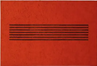  ??  ?? Donald Judd: Untitled, cadmium red light oil, blue-gray oil, and wax on canvas, 69 x 101 x 2 1/12 inches, 1962