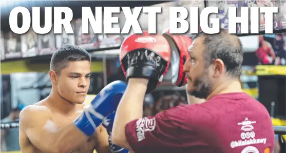  ?? HARD: Big- hitting Queensland super- middleweig­ht Bilal Akkawy ( left) training with coach Mahmoud Akkawy at his Brisbane- based gym. ??